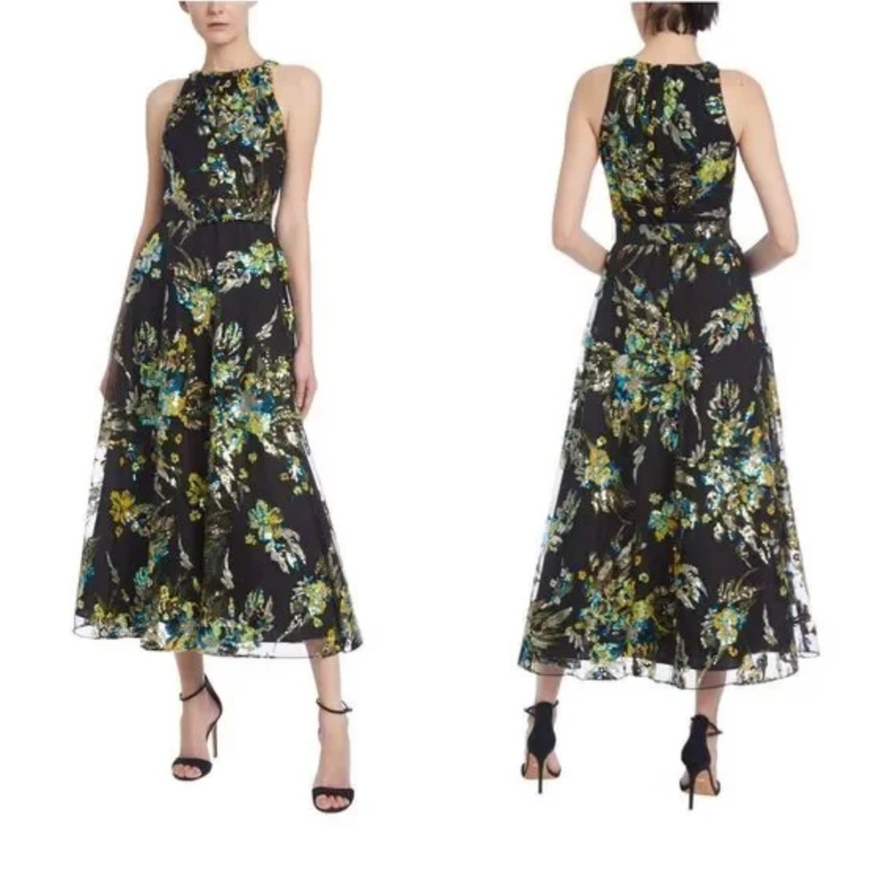 NWT Badgley MischkaFloral Embroidery Belted Midi Dress Size 6 $595